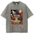 Unisex Yayoi Kusama Ramen Cat Printed Washed Tee