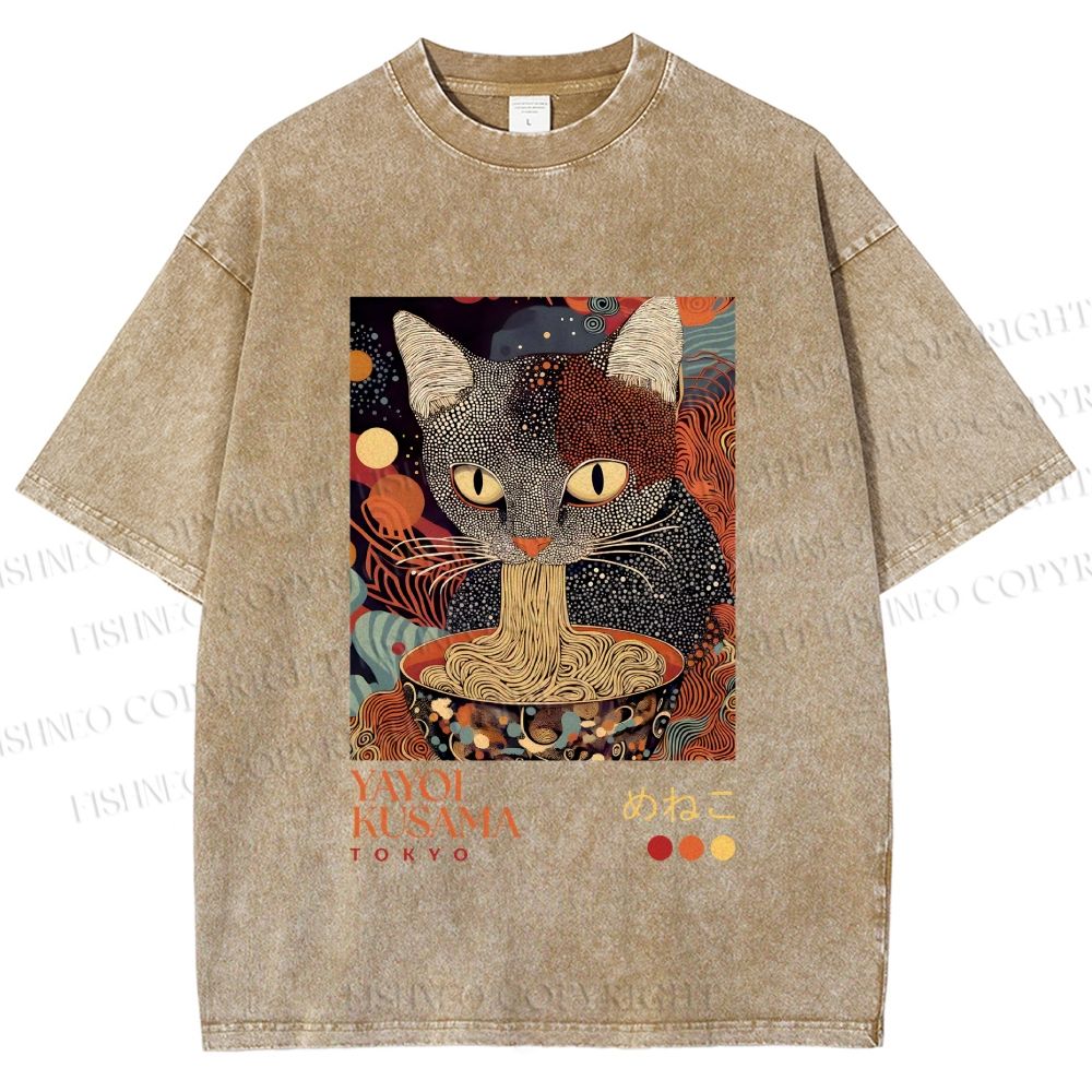 Unisex Yayoi Kusama Ramen Cat Printed Washed Tee