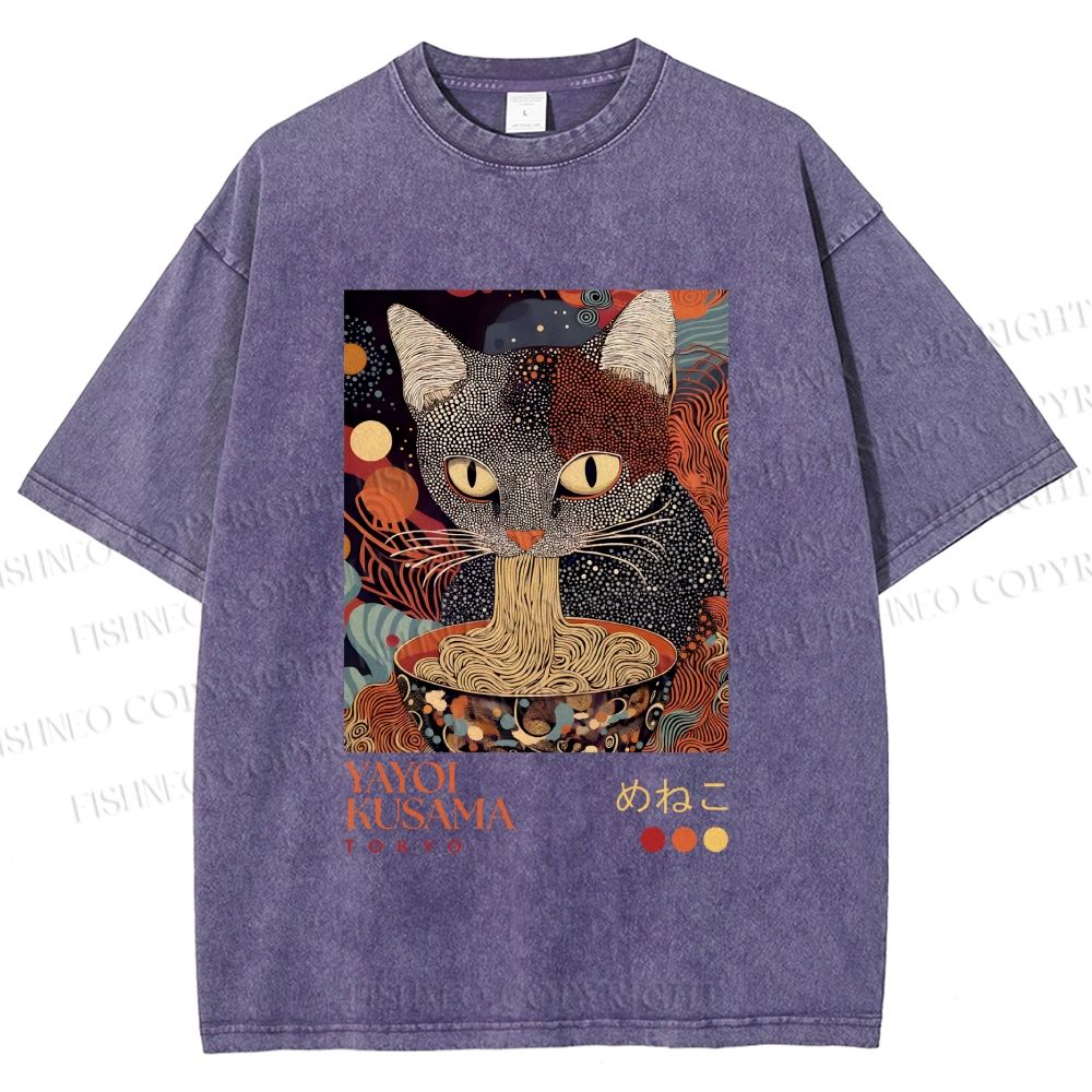 Unisex Yayoi Kusama Ramen Cat Printed Washed Tee