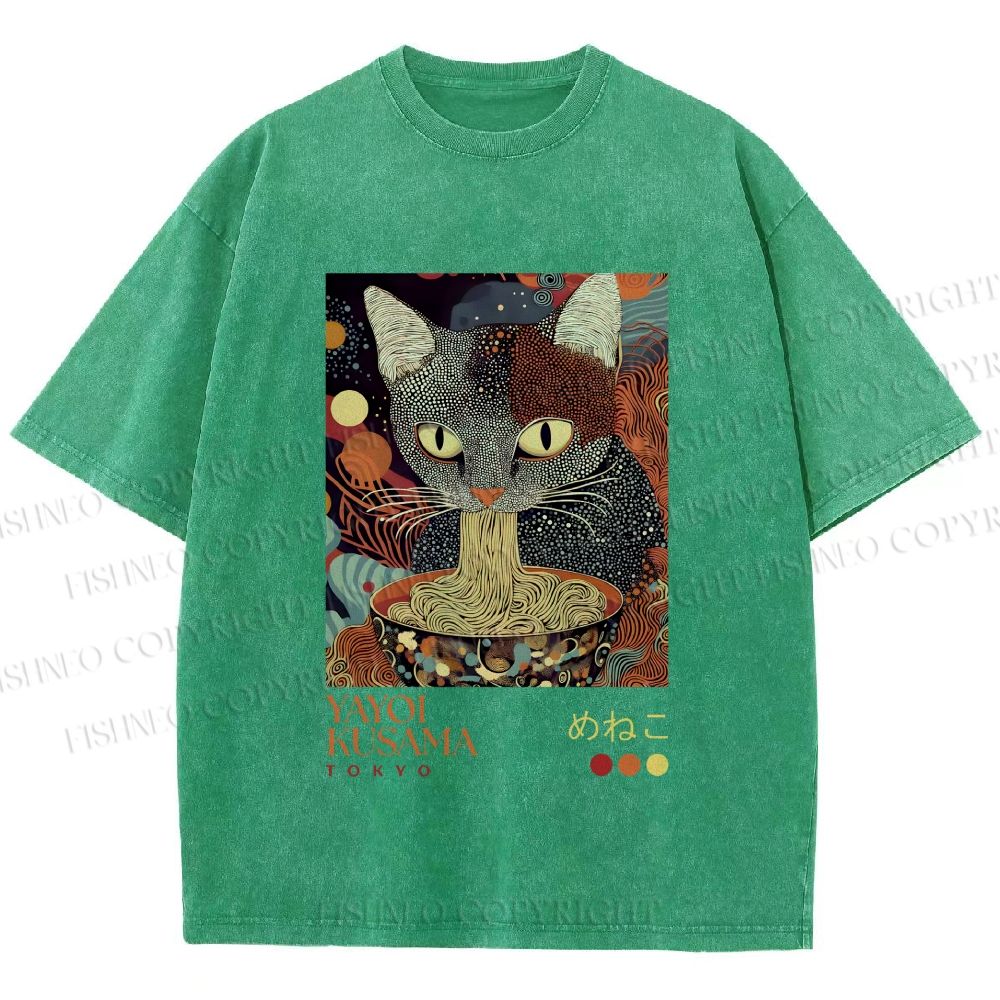 Unisex Yayoi Kusama Ramen Cat Printed Washed Tee