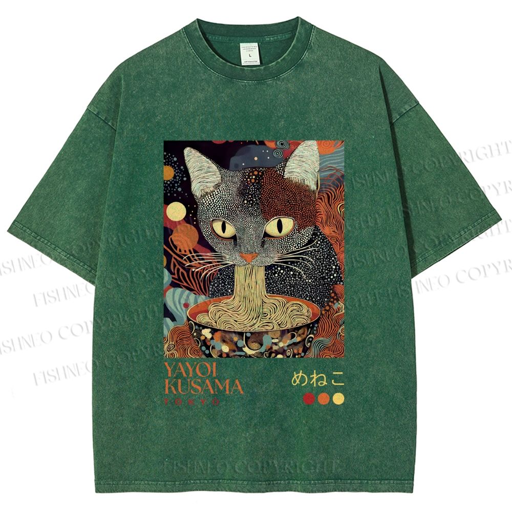 Unisex Yayoi Kusama Ramen Cat Printed Washed Tee