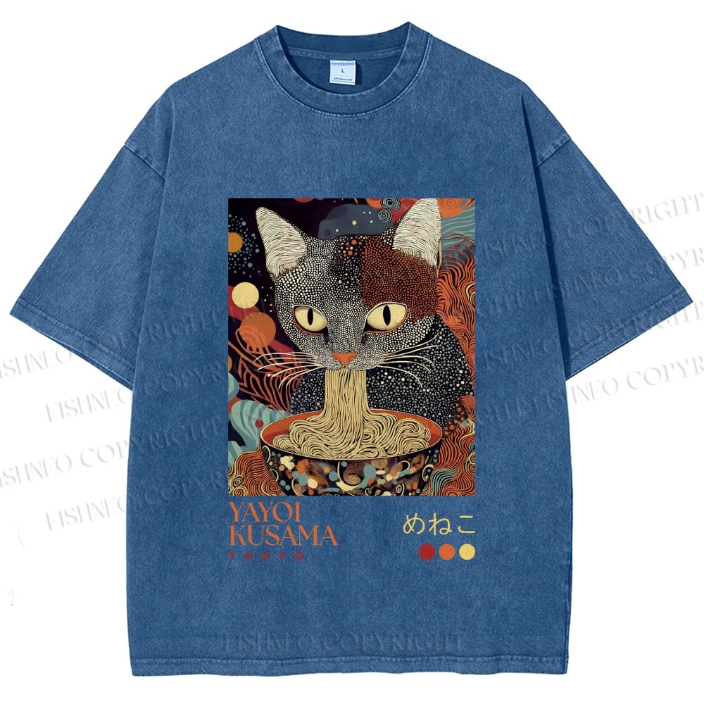 Unisex Yayoi Kusama Ramen Cat Printed Washed Tee