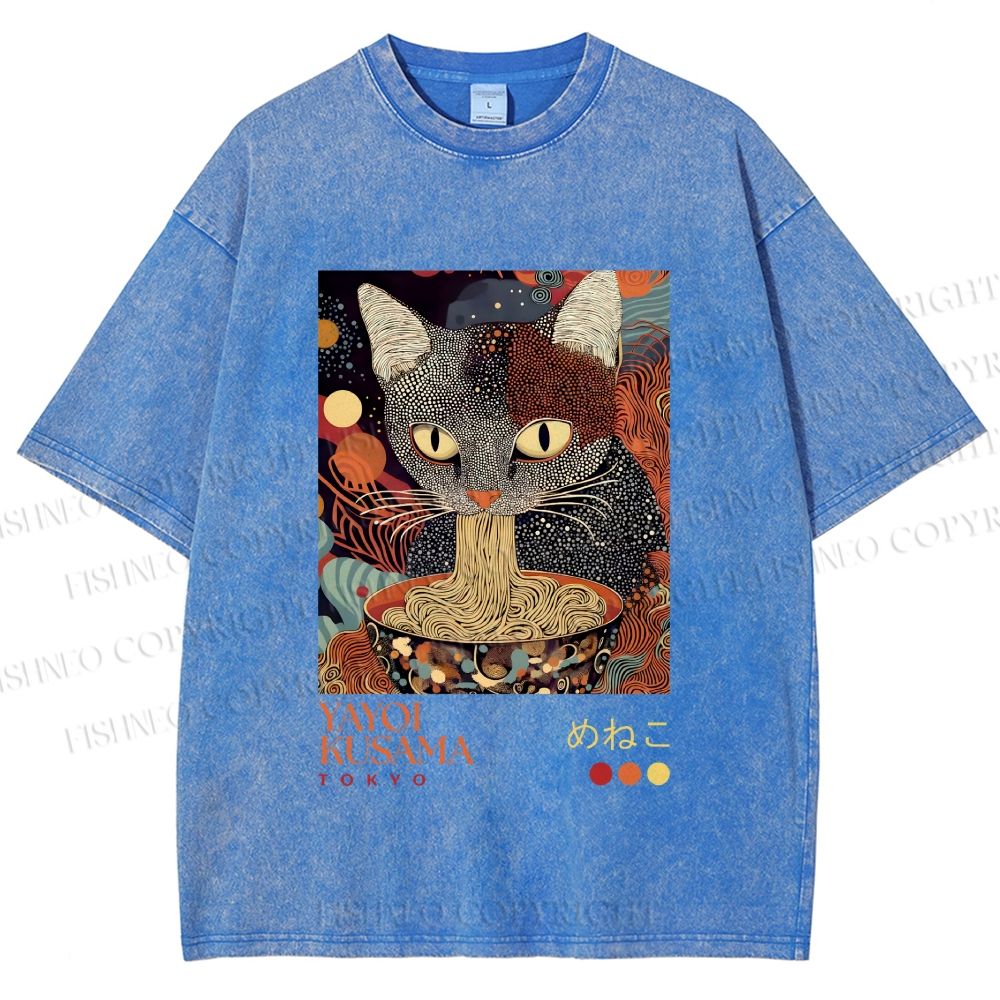 Unisex Yayoi Kusama Ramen Cat Printed Washed Tee