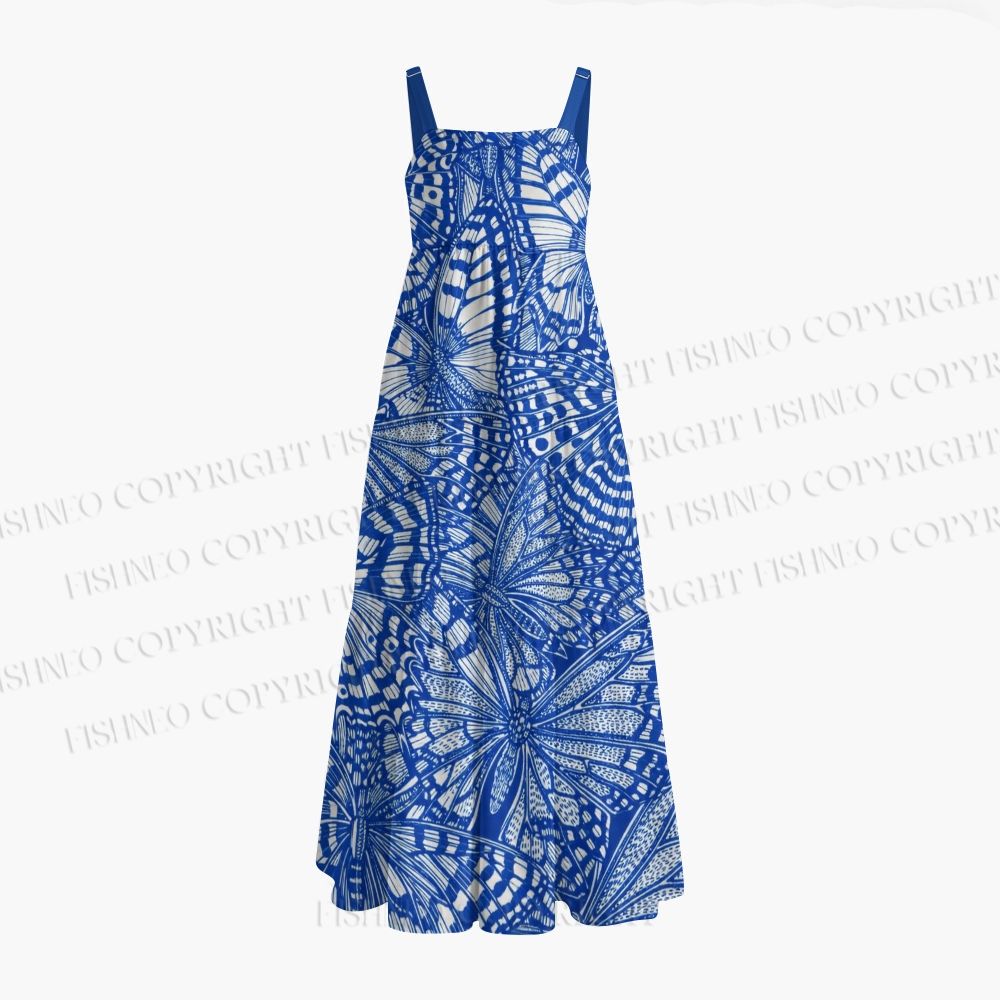 Blue White Line Art Butterfly Maxi Dresses