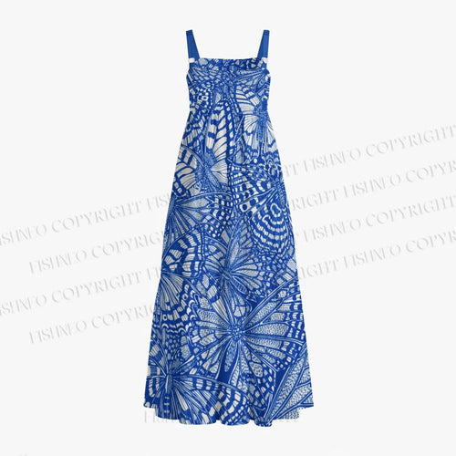 Blue White Line Art Butterfly Maxi Dresses