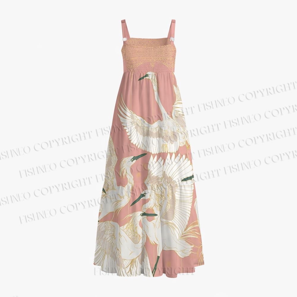 Vintage Crane Printed Maxi Dresses