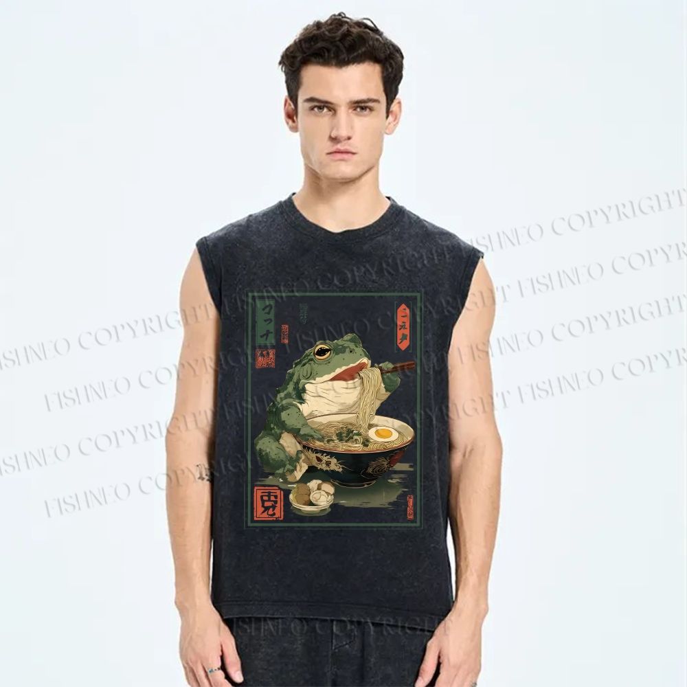 Unisex Ramen Frog Printed Washed Tank Top