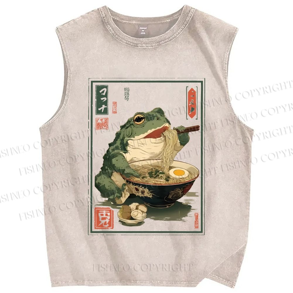 Unisex Ramen Frog Printed Washed Tank Top