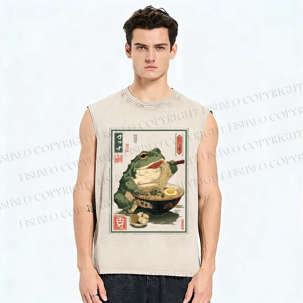 Unisex Ramen Frog Printed Washed Tank Top