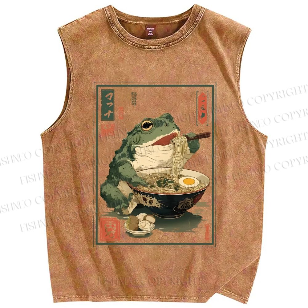 Unisex Ramen Frog Printed Washed Tank Top