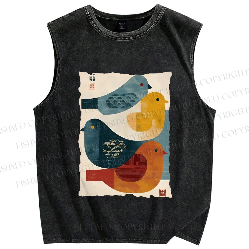 Unisex Vintage Chubby Birds Printed Washed Tank Top