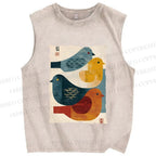 Unisex Vintage Chubby Birds Printed Washed Tank Top