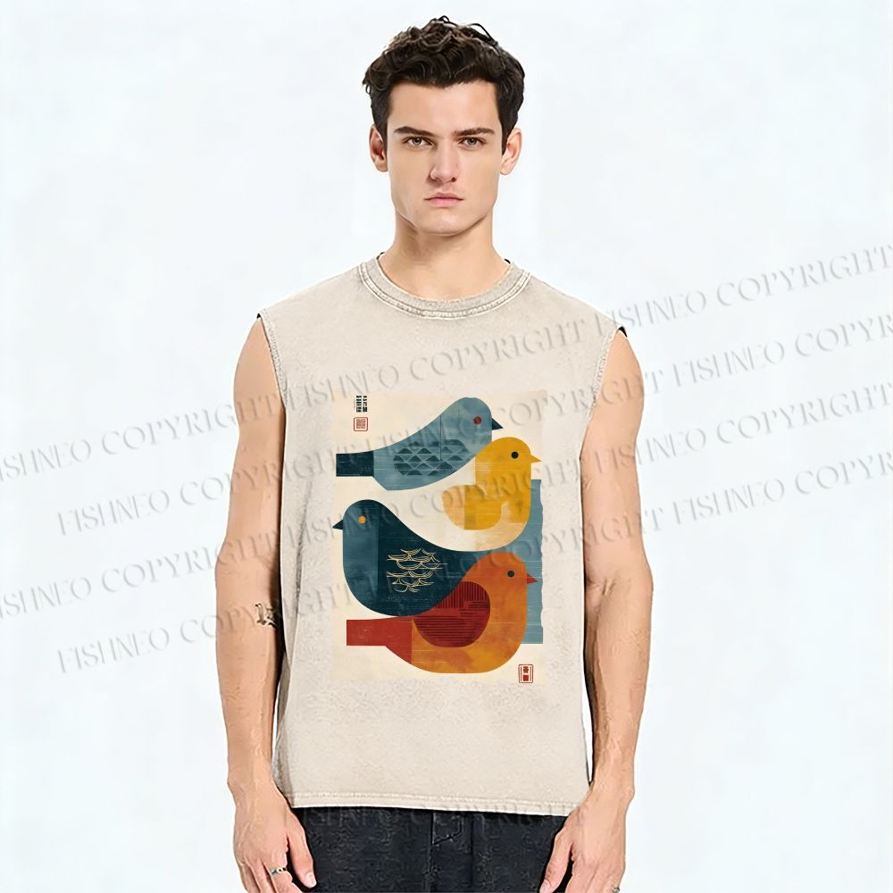 Unisex Vintage Chubby Birds Printed Washed Tank Top