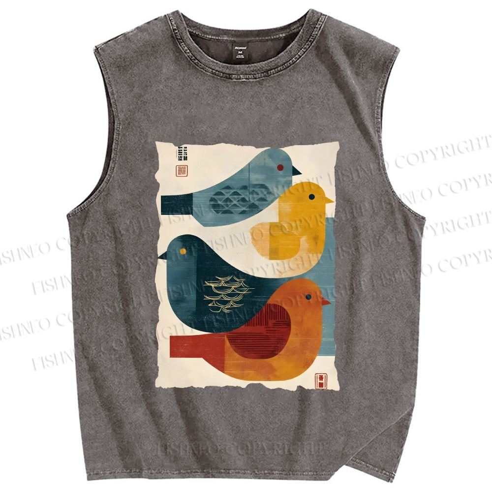 Unisex Vintage Chubby Birds Printed Washed Tank Top