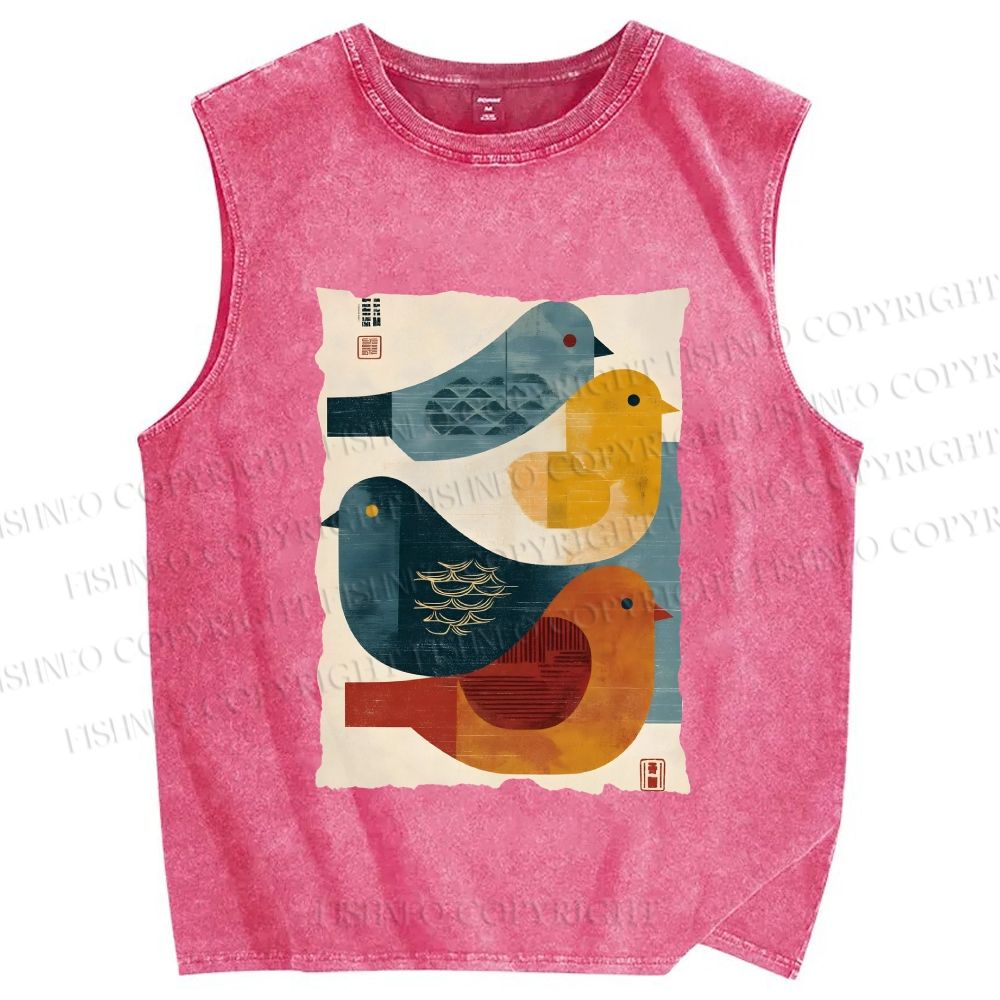 Unisex Vintage Chubby Birds Printed Washed Tank Top
