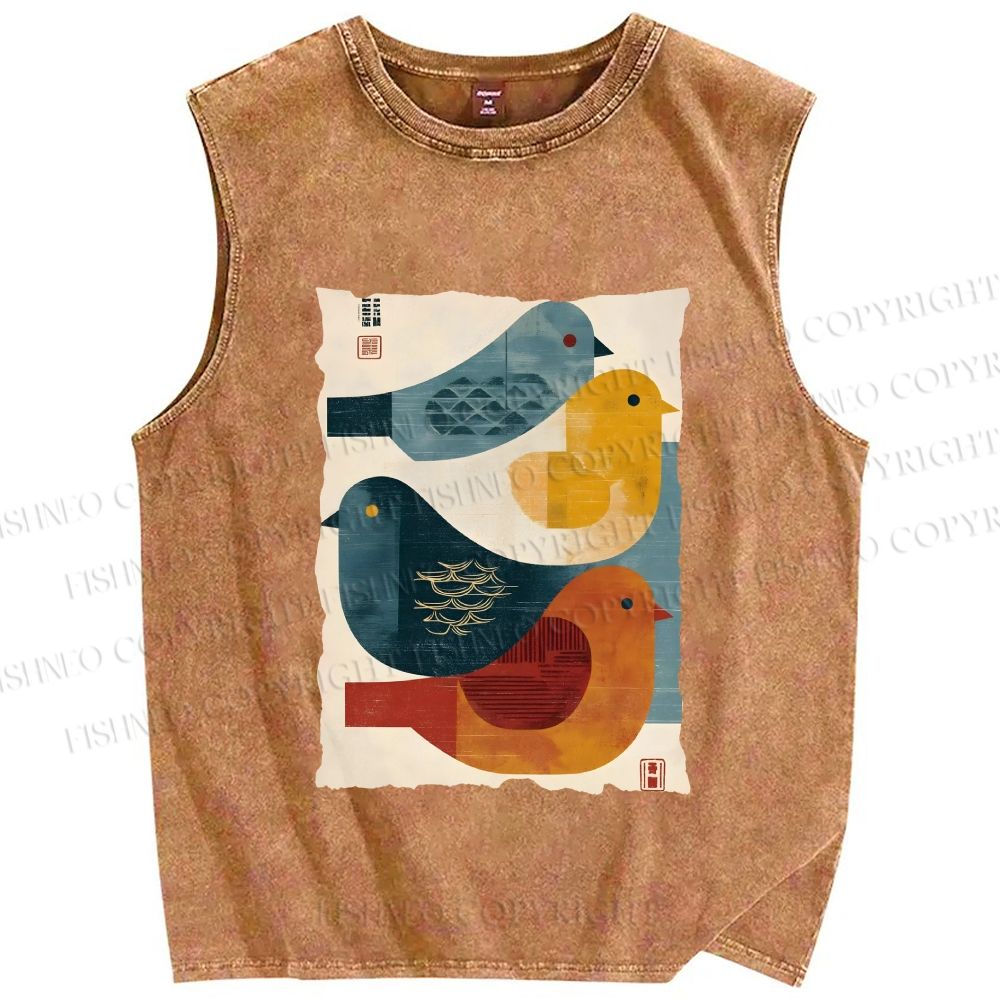 Unisex Vintage Chubby Birds Printed Washed Tank Top