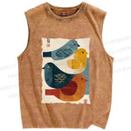 Unisex Vintage Chubby Birds Printed Washed Tank Top