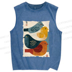 Unisex Vintage Chubby Birds Printed Washed Tank Top