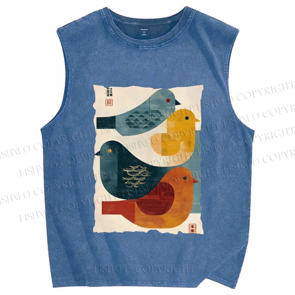 Unisex Vintage Chubby Birds Printed Washed Tank Top