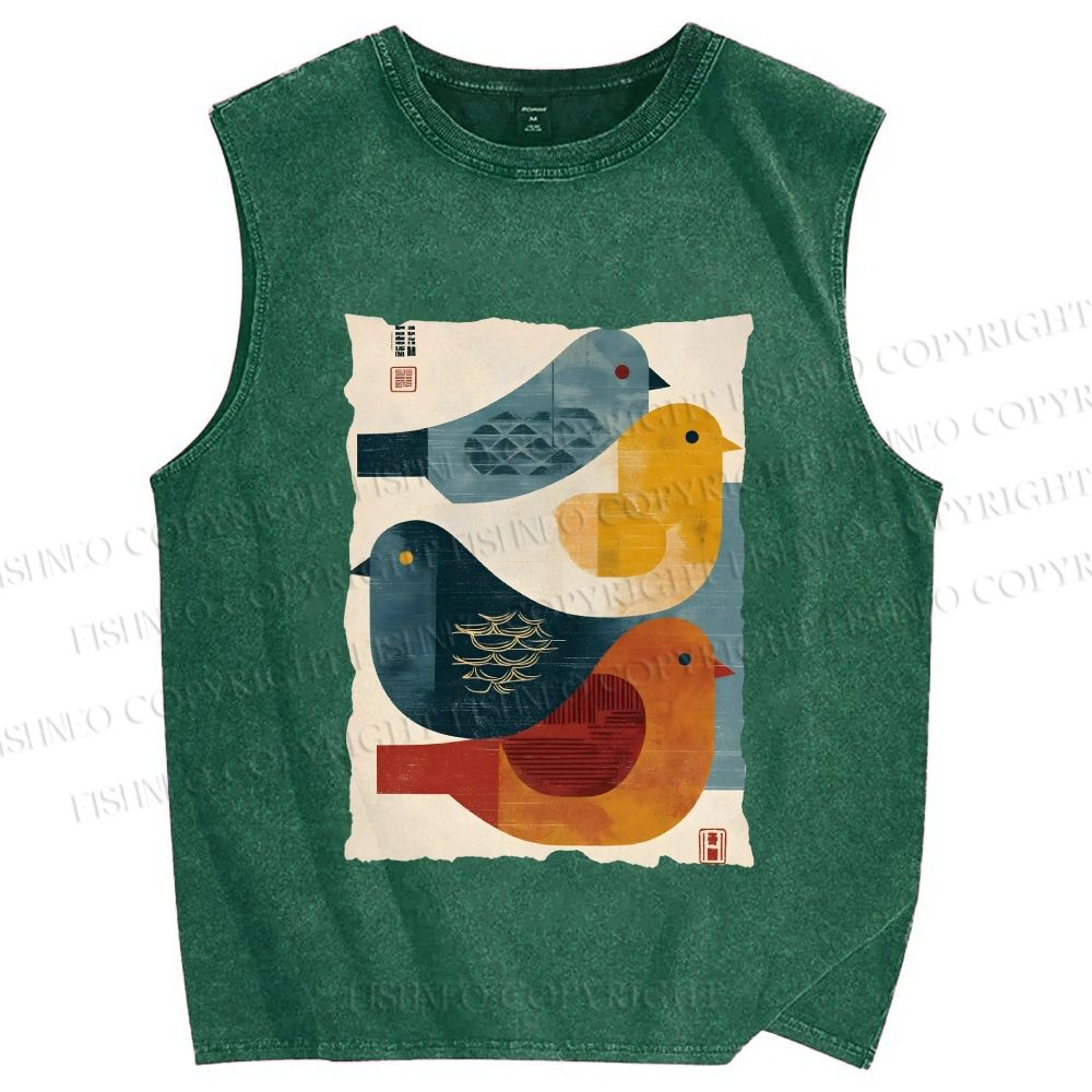 Unisex Vintage Chubby Birds Printed Washed Tank Top