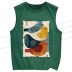 Unisex Vintage Chubby Birds Printed Washed Tank Top