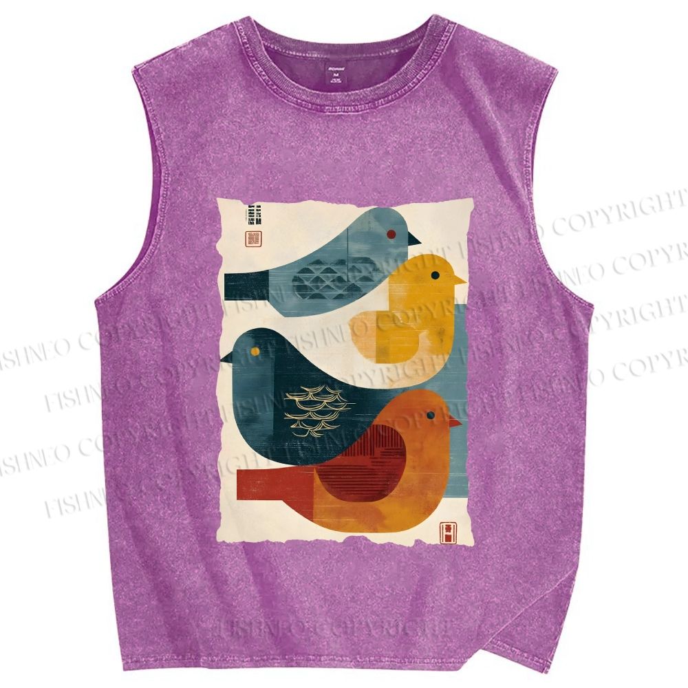 Unisex Vintage Chubby Birds Printed Washed Tank Top