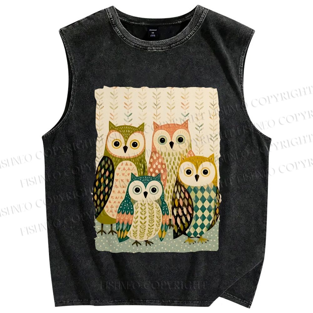 Unisex Owl Family Printed Washed Tank Top
