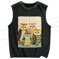 Unisex Owl Family Printed Washed Tank Top