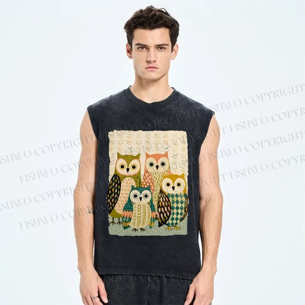 Unisex Owl Family Printed Washed Tank Top