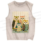 Unisex Owl Family Printed Washed Tank Top
