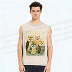 Unisex Owl Family Printed Washed Tank Top