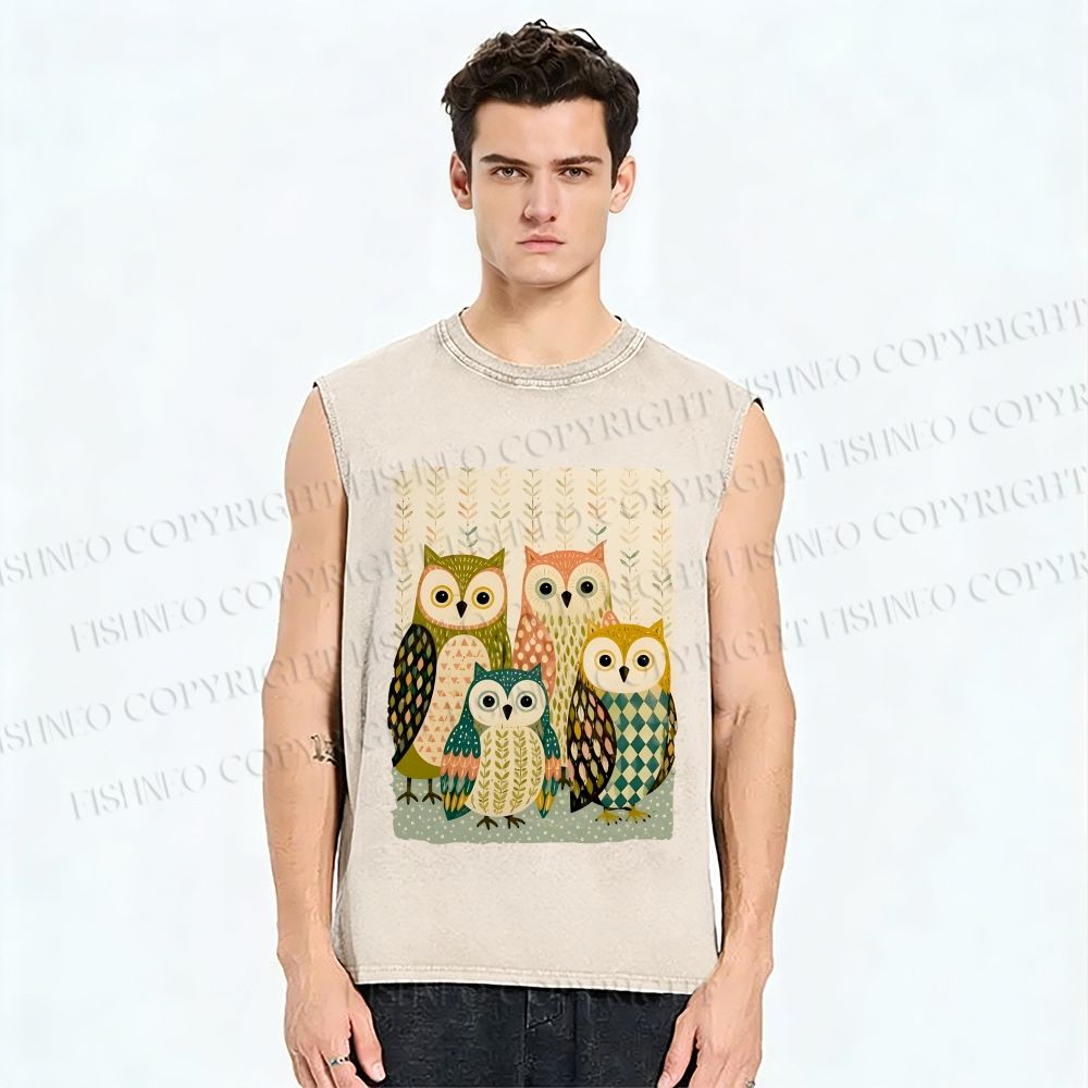 Unisex Owl Family Printed Washed Tank Top