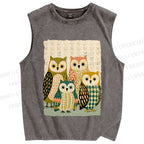 Unisex Owl Family Printed Washed Tank Top