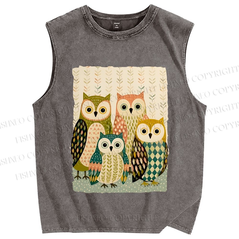 Unisex Owl Family Printed Washed Tank Top
