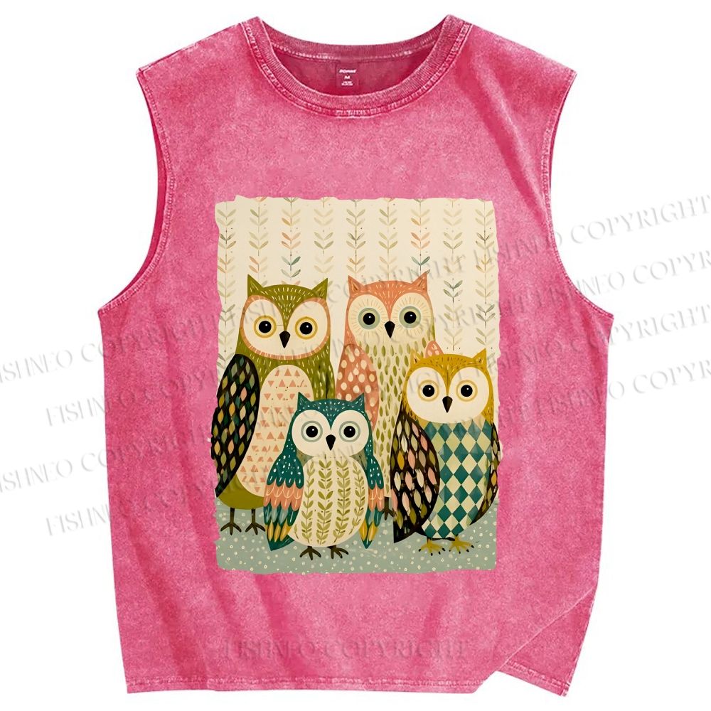 Unisex Owl Family Printed Washed Tank Top