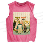 Unisex Owl Family Printed Washed Tank Top