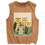 Unisex Owl Family Printed Washed Tank Top
