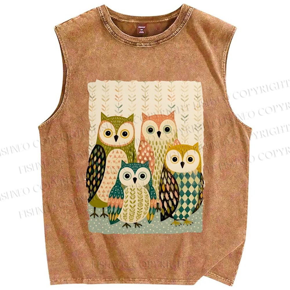 Unisex Owl Family Printed Washed Tank Top
