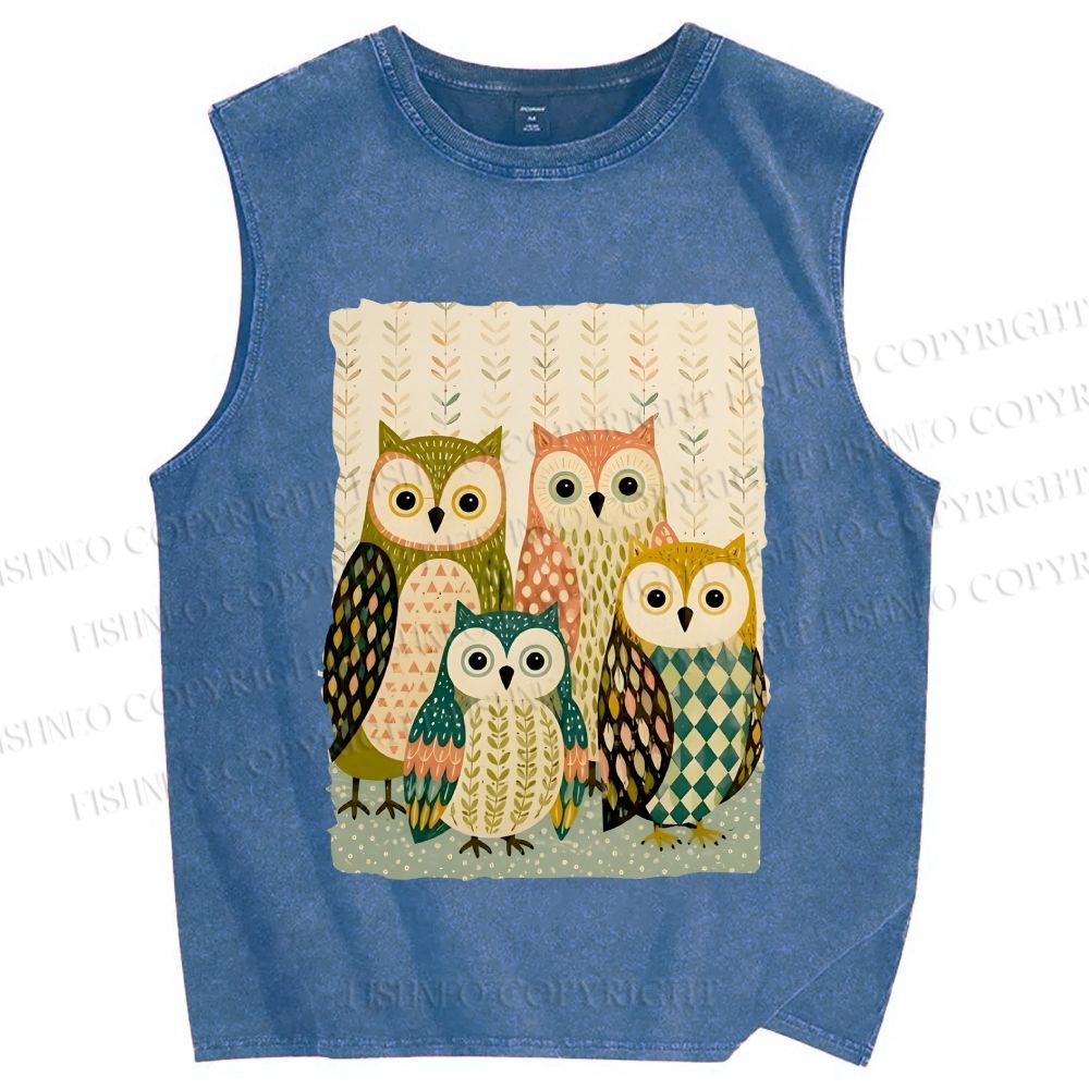 Unisex Owl Family Printed Washed Tank Top