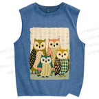 Unisex Owl Family Printed Washed Tank Top