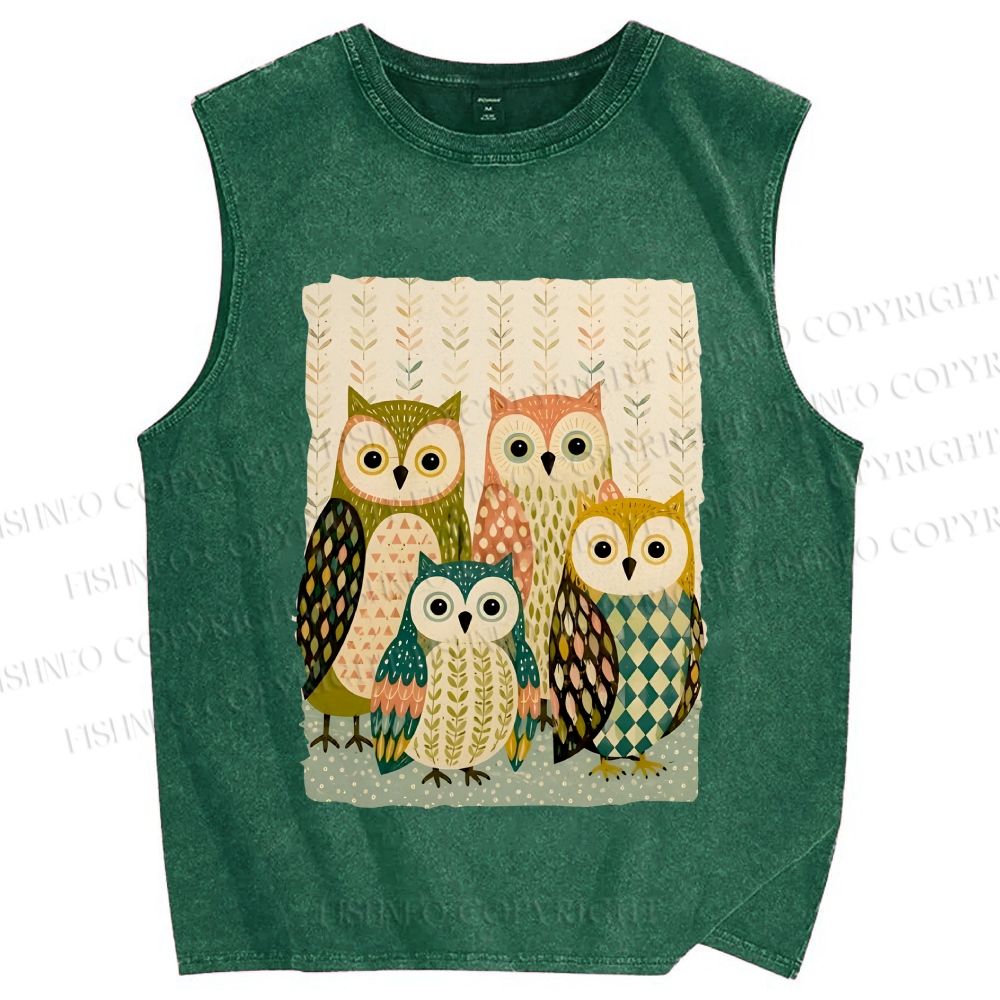 Unisex Owl Family Printed Washed Tank Top