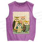 Unisex Owl Family Printed Washed Tank Top