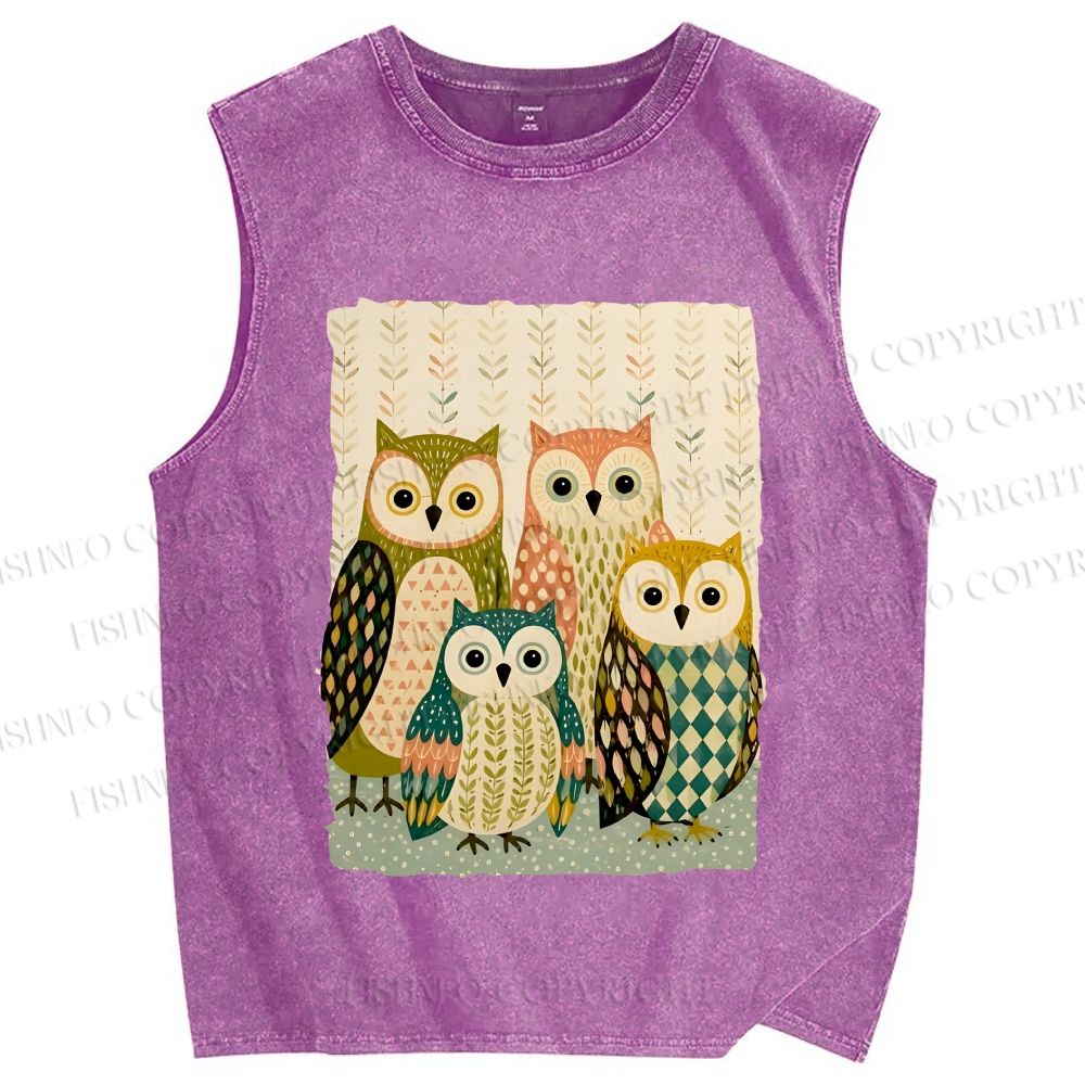 Unisex Owl Family Printed Washed Tank Top