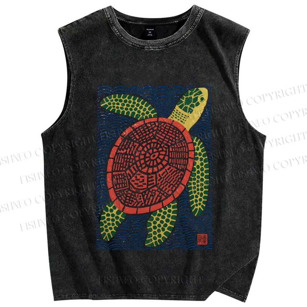 Unisex Vintage Line Style Turtle Printed Washed Tank Top