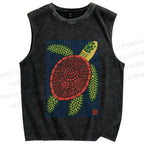 Unisex Vintage Line Style Turtle Printed Washed Tank Top