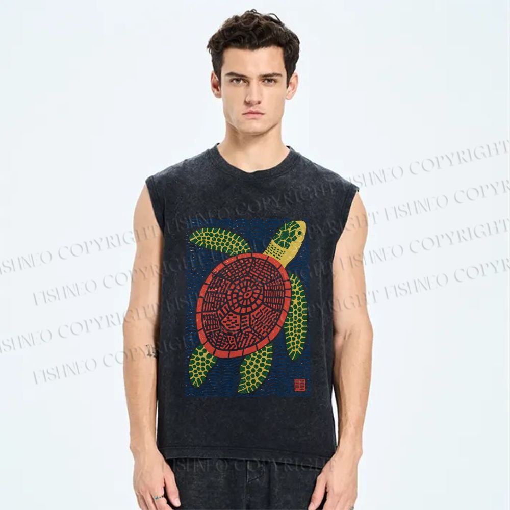 Unisex Vintage Line Style Turtle Printed Washed Tank Top