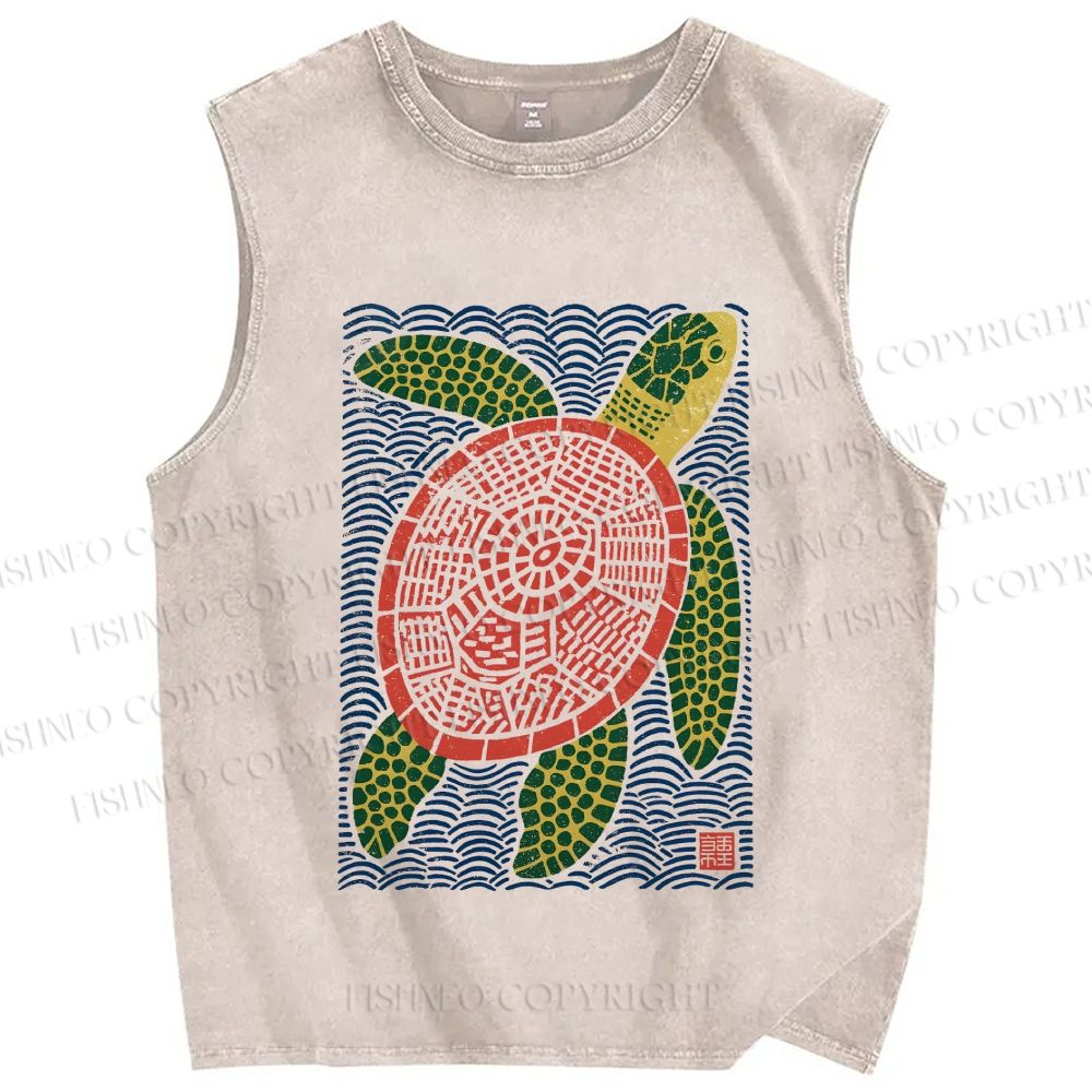 Unisex Vintage Line Style Turtle Printed Washed Tank Top