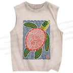 Unisex Vintage Line Style Turtle Printed Washed Tank Top