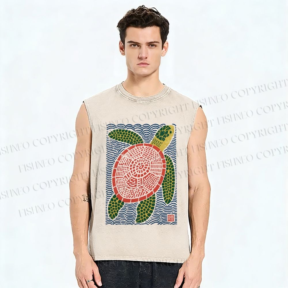 Unisex Vintage Line Style Turtle Printed Washed Tank Top