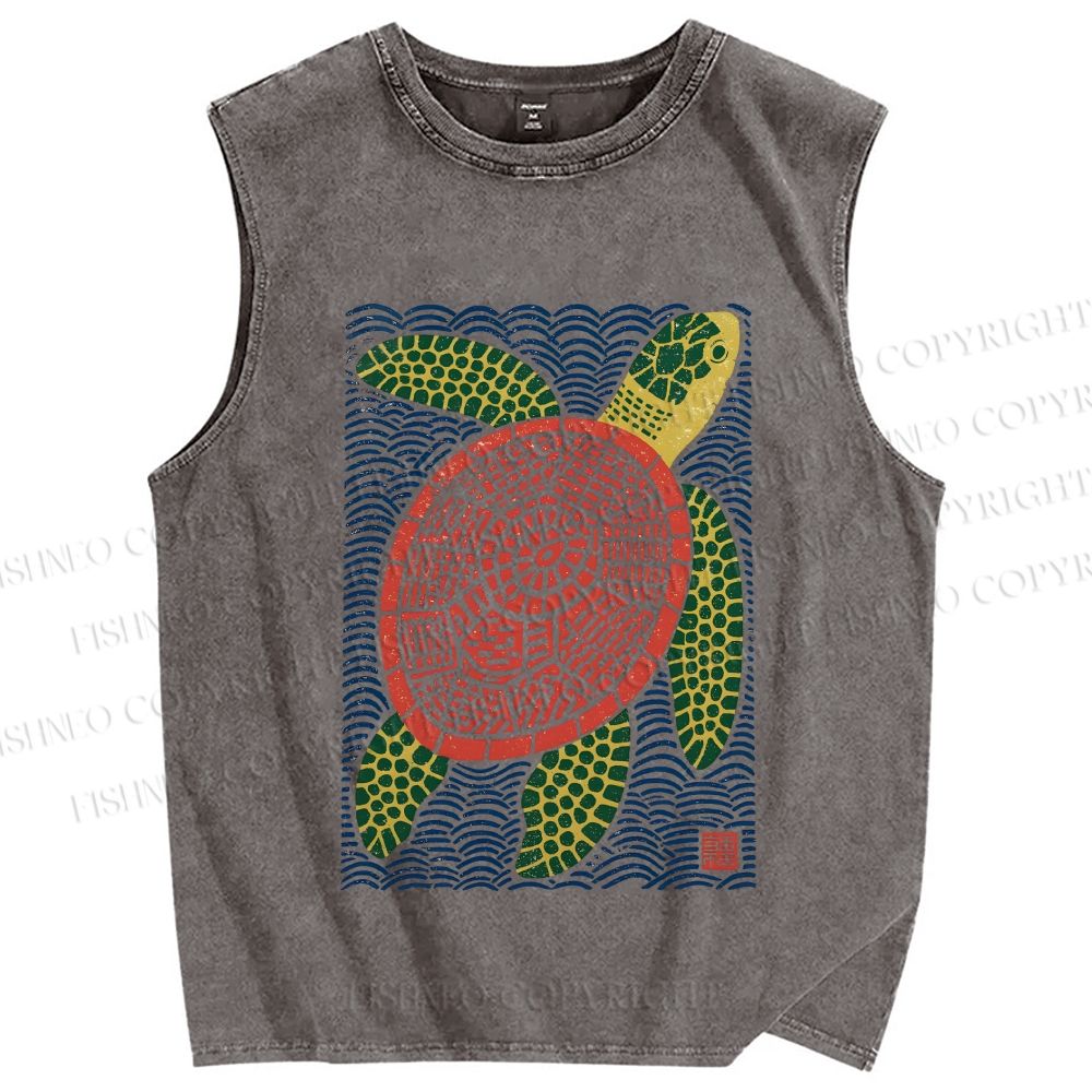 Unisex Vintage Line Style Turtle Printed Washed Tank Top